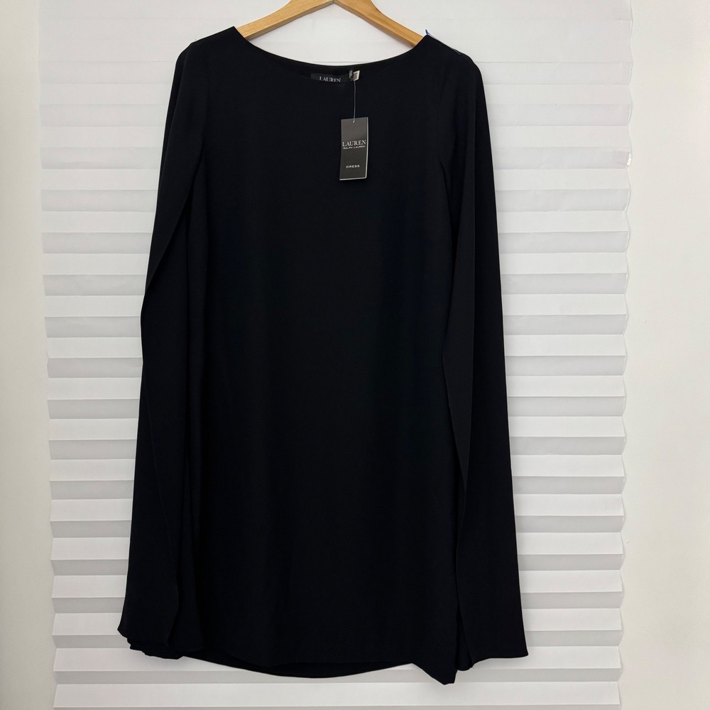 Lauren‎ Ralph Lauren Black Cape Sleeve Shift Dress Size 12 NWT Cocktail Evening